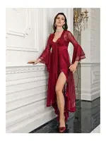 2li Derin Yırtmaçlı Asimetrik Kesim Saten Gecelik Takım 4202 Bordo