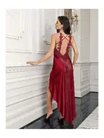 2li Derin Yırtmaçlı Asimetrik Kesim Saten Gecelik Takım 4202 Bordo farklı açı