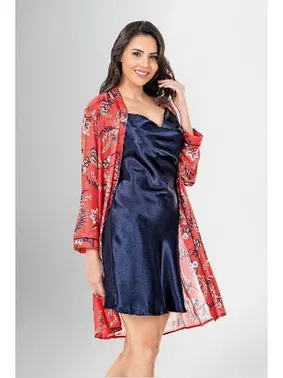 Ahu Lingerie 2Li Desenli Sabahlık Kısa Gecelik Takımı Desenli Ahu Loriva 1916