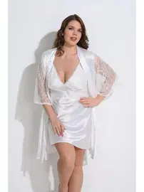 Ahu Lingerie 2li Ekru Büyük Beden Sabahlık Takımı Bigsize Ahu 6200