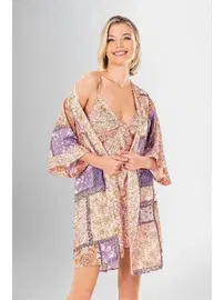 Ahu Lingerie 2Li Etnik Desenli Kısa Sabahlık Gecelik Takımı Ahu Loriva 1948