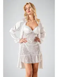 Ahu Lingerie 2li Jakarlı Sabahlıklı Dantel Ekru Gecelik Takım Ahu 7706