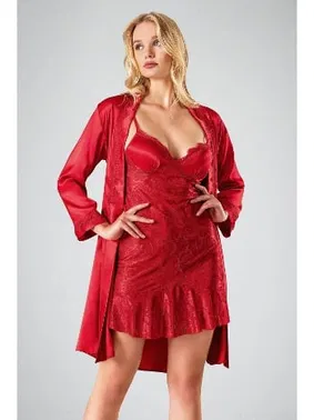 Ahu Lingerie 2li Jakarlı Sabahlıklı Gecelik Takım Kırmızı Ahu 7706