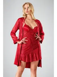 Ahu Lingerie 2li Jakarlı Sabahlıklı Gecelik Takım Kırmızı Ahu 7706