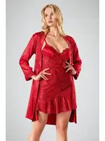 2li Jakarlı Sabahlıklı Gecelik Takım Kırmızı Ahu 7706 Kırmızı