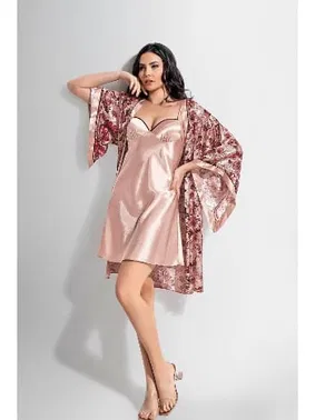 Ahu Lingerie 2Li Kısa Sabahlık Gecelik Takımı Desenli Ahu Loriva 1906