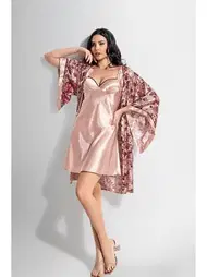 Ahu Lingerie 2Li Kısa Sabahlık Gecelik Takımı Desenli Ahu Loriva 1906