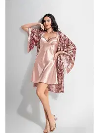 Ahu Lingerie 2Li Kısa Sabahlık Gecelik Takımı Desenli Ahu Loriva 1906