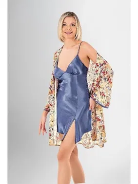 Ahu Lingerie 2li Kısa Sabahlık Saten Gecelik Takımı Desenli Ahu Loriva1904