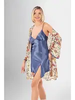 2li Kısa Sabahlık Saten Gecelik Takımı Desenli Ahu Loriva1904 Mavi