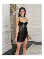 2li Kolları Tüylü Dantelli Fantezi Saten Gecelik Takımı İmaj 3203 Siyah detay görünüm