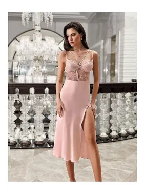 İmaj 2li Pudra Saten Fantazi Gecelik Takımı Transparan Dantel Detaylı İmaj 3202