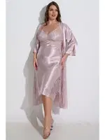 2li Pudra Uzun Gecelik Sabahlık Takımı Büyük Beden Ahu 6220 Pudra görsel 4