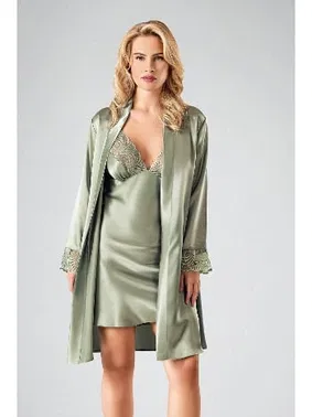 Ahu Lingerie 2li Sabahlıklı Gecelik Saten Takım Su Yeşili 7713