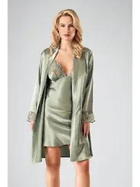 Ahu Lingerie 2li Sabahlıklı Gecelik Saten Takım Su Yeşili 7713