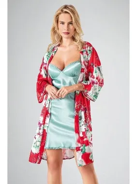 Ahu Lingerie 2li Sabahlıklı Gecelik Takım Saten Yeşil Ahu 7709