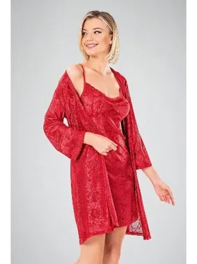 Ahu Lingerie 2li Sabahlıklı Kırmızı Gecelik Takım Ahu 7737