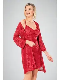 Ahu Lingerie 2li Sabahlıklı Kırmızı Gecelik Takım Ahu 7737
