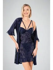 Ahu Lingerie 2li Sabahlıklı Lacivert Gecelik Takım Ahu 7738