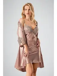 Ahu Lingerie 2li Sabahlıklı Saten Dantelli Gecelik Takım Vizon Ahu 7708