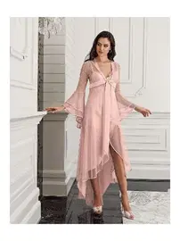 İmaj Önden Bağlamalı Yırtmaçlı 2li Saten Gecelik Takım İmaj 4202