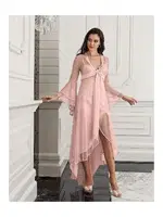 Önden Bağlamalı Yırtmaçlı 2li Saten Gecelik Takım İmaj 4202 Somon