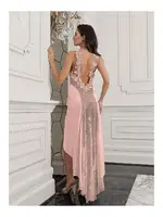 Önden Bağlamalı Yırtmaçlı 2li Saten Gecelik Takım İmaj 4202 Somon detay görünüm