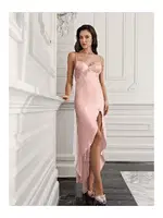 Önden Bağlamalı Yırtmaçlı 2li Saten Gecelik Takım İmaj 4202 Somon farklı açı