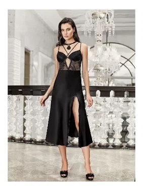 İmaj 2li Siyah Saten Fantazi Gecelik Takımı Transparan Dantel Detaylı İmaj 3202