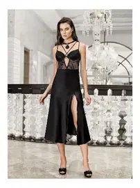 İmaj 2li Siyah Saten Fantazi Gecelik Takımı Transparan Dantel Detaylı İmaj 3202