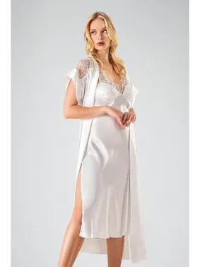 Ahu Lingerie 2li Uzun Saten Sabahlıklı Gecelik Takım Ekru Ahu 7721