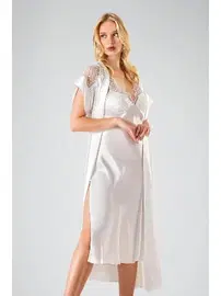 Ahu Lingerie 2li Uzun Saten Sabahlıklı Gecelik Takım Ekru Ahu 7721