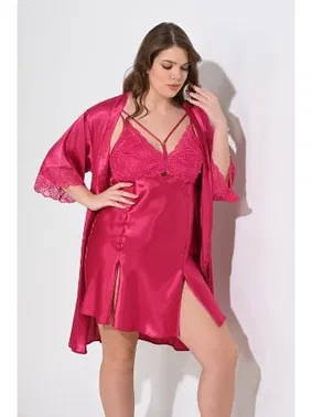 Ahu Lingerie 2li Vişne Sabahlık Gecelik Takımı Bigsize 6212 Ahu-6212