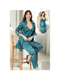 XSES 3Lü Dantelli Daire Desenli Mavi Saten Empirme Sabahlık Pijama Çeyiz Seti XSES 2152