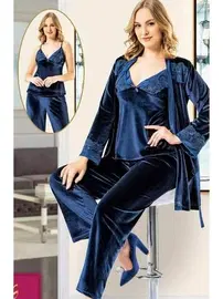 XSES 3Lü Kadife Sabahlık Pijama Takımı Lacivert XSES 5100