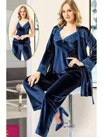 3Lü Kadife Sabahlık Pijama Takımı Lacivert XSES 5100 Lacivert