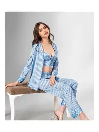 Ahu Lingerie 3lü Pijama Takımı Mavi Puantiyeli Ahu Loriva 1806
