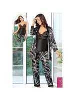 3Lü Siyah Dantelli Dijital Desenli Saten Empirme Sabahlık Pijama Çeyiz Seti XSES 2151 Siyah