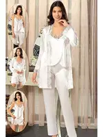 4Lü Ekru Saten Sabahlık Şort Pijama Empirme Çeyiz Seti XSES 2165 Ekru