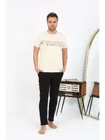 Cepli Yuvarlak Yaka Kısa Kollu Pamuklu Erkek Pijama Takımı Akbeniz 6866 Krem