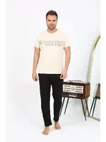 Cepli Yuvarlak Yaka Kısa Kollu Pamuklu Erkek Pijama Takımı Akbeniz 6866 Krem farklı açı