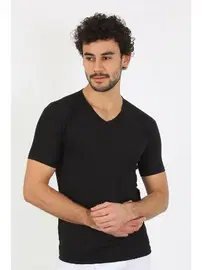 Akbeniz Kısa Kollu Likralı V Yaka Siyah Erkek T-Shirt Akbeniz 65700