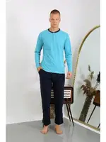 Penye Uzun Kollu Düğmeli Yaka Erkek Pijama Takımı Akbeniz 6860 Turkuaz