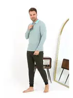 Cepli Pamuklu Polo Yaka Uzun Kol Erkek Pijama Takımı Akbeniz 6862 Su Yeşili farklı açı