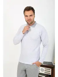 Akbeniz Uzun Kollu Polo Yaka Pamuklu Erkek Pijama Takımı Gri Akbeniz 6864