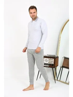 Akbeniz Uzun Kollu Polo Yaka Pamuklu Erkek Pijama Takımı Gri Akbeniz 6864 - Alternatif Görünüm