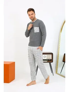 Akbeniz Kareli Uzun Kollu Penye Antrasit Erkek Pijama Takımı Akbeniz 6861 - Alternatif Görünüm