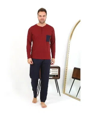 Akbeniz Düğmeli Uzun Kollu Penye Bordo Erkek Pijama Takımı Akbeniz 6861
