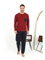 Düğmeli Uzun Kollu Penye Bordo Erkek Pijama Takımı Akbeniz 6861 Bordo