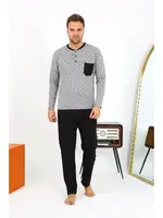Yuvarlak Yaka Düğmeli Uzun Kollu Penye Erkek Pijama Takımı Akbeniz 6861 Füme